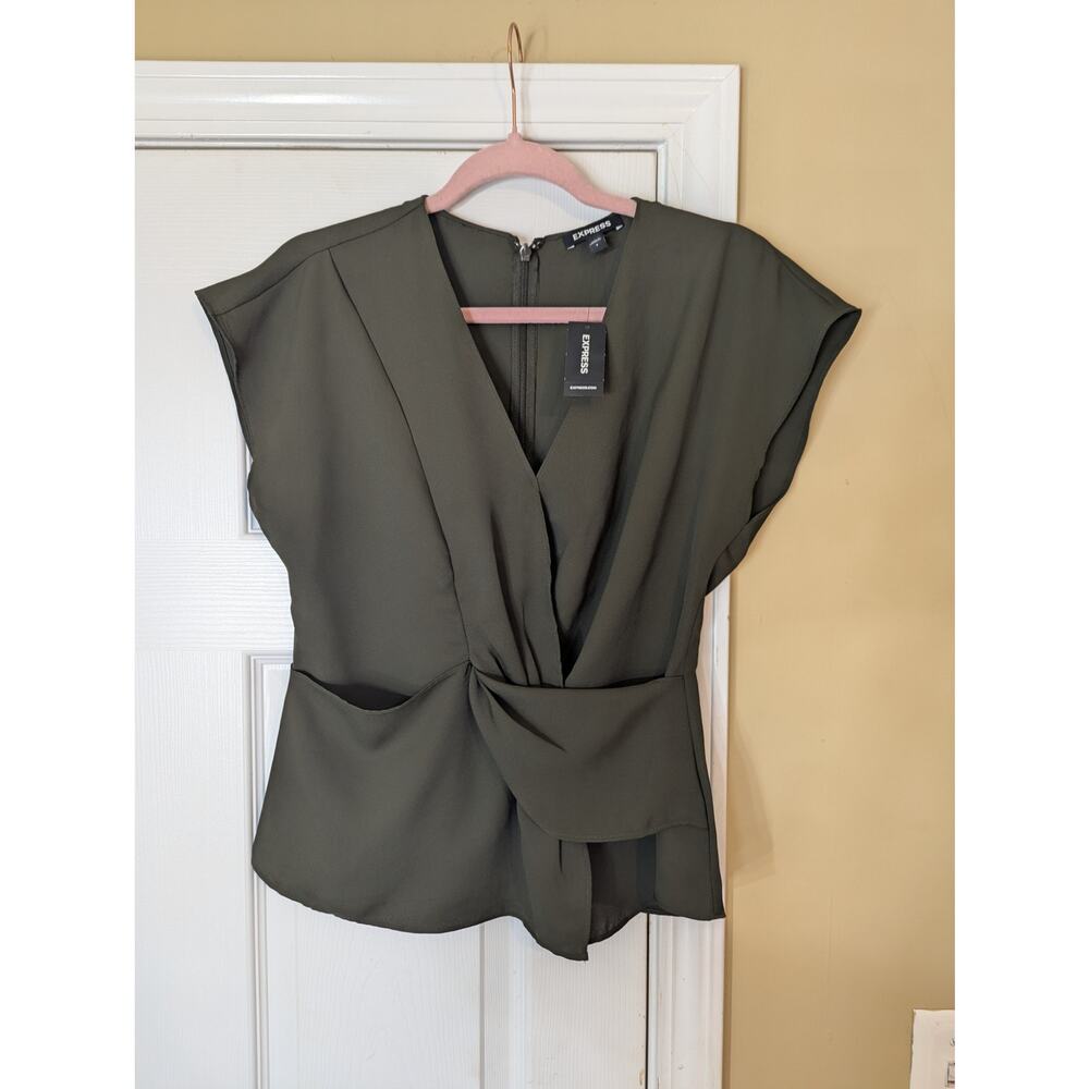 Express Draped Peplum Blouse Size Small Olive Green NWT Minimalist Office